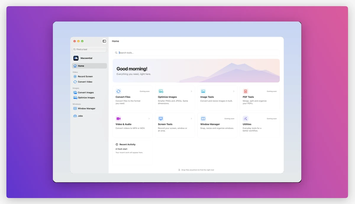 The recording editor preview: a recording placed on a purple gradient background with padding and rounded corners.