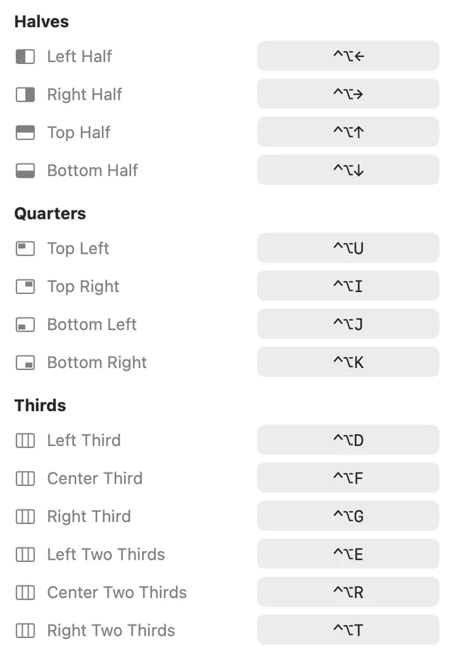 Window Manager shortcuts: Left Half, Right Half, Top Half, Bottom Half and the quarters, each with its key combination.