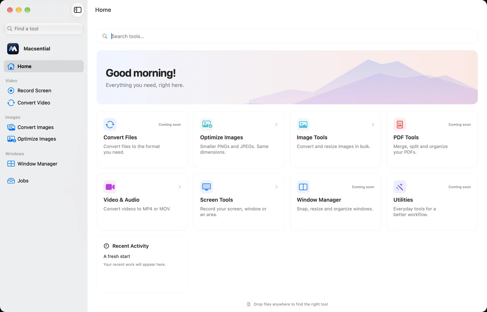Macsential Home: tool search, a greeting, and cards for file, image, PDF, video, screen and window tools.